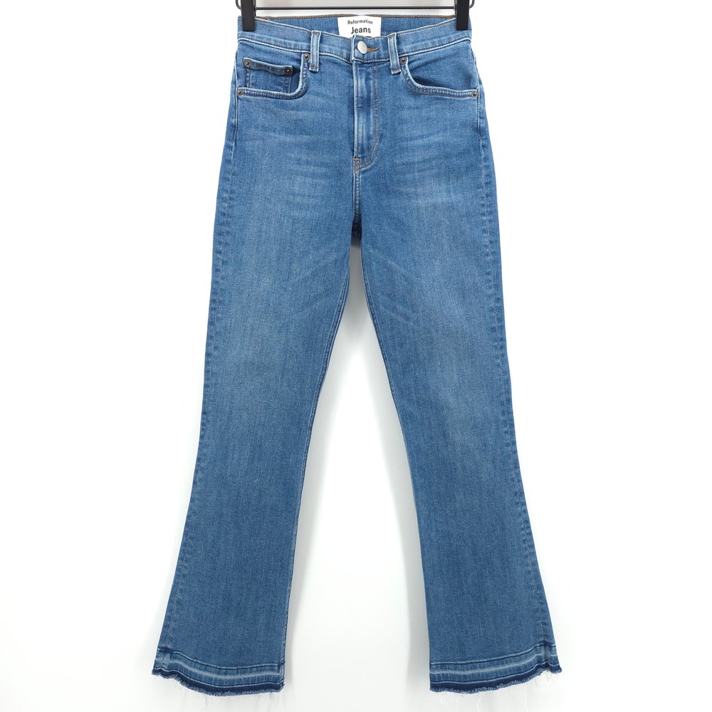 Reformation Jessie High Crop Boot Women Jeans 25 Blue Destin Raw Hem